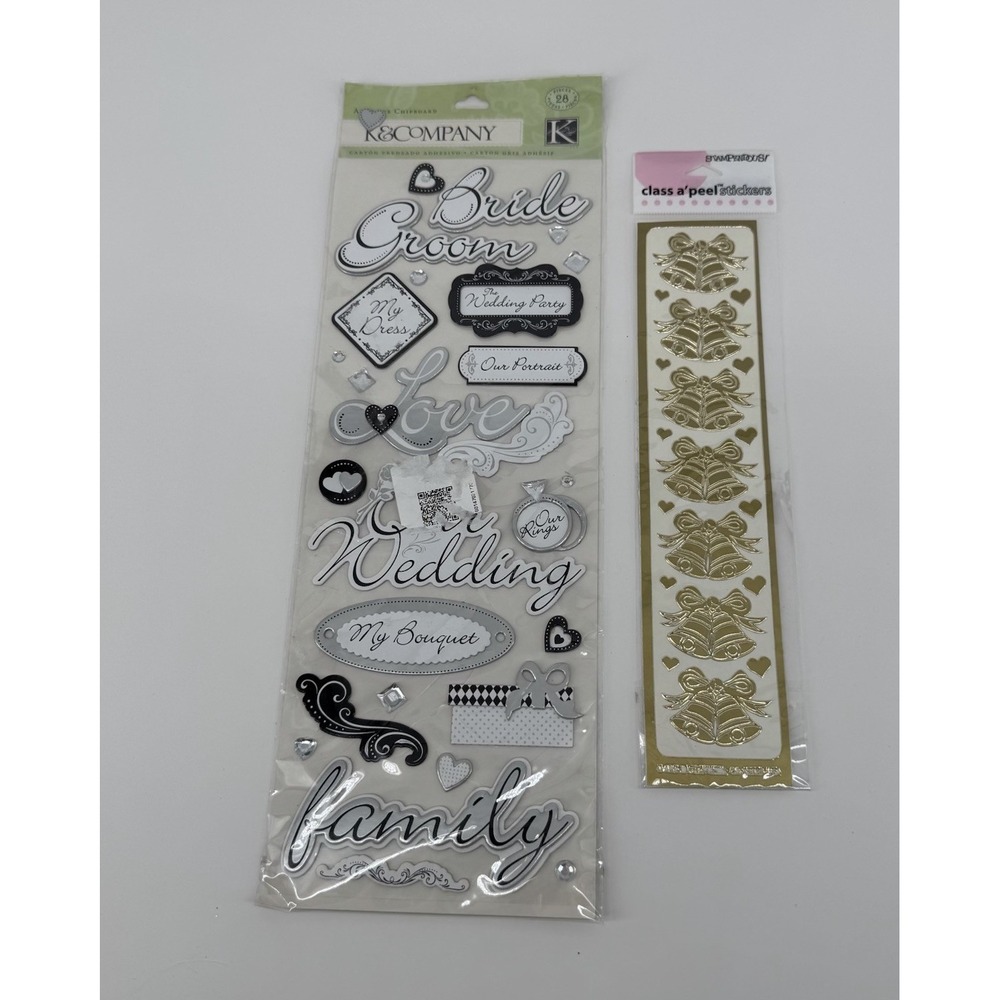 K&Company Stampendous Wedding Scrapbook Stickers 2 Pack Lot Gold Bells Romantic